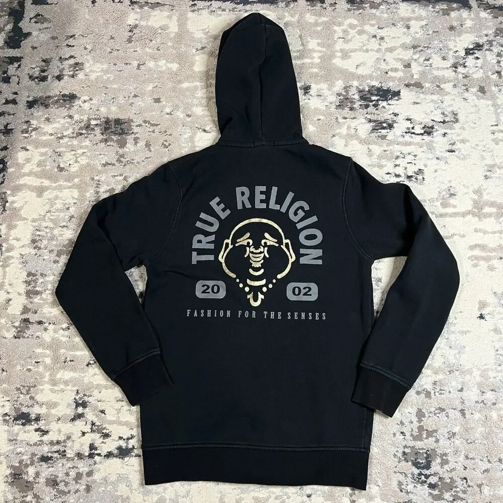 TRUE RELIGION Jeans Black Full Zip Hoodie Buddha Foil Gold Men Sz L Fashion